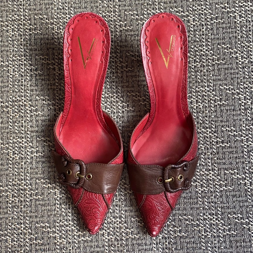 Vince Camuto Red and Brown Mules with Pointed Toe